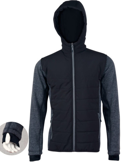 A black and grey men's heather sleeve quilted body jacket with a hood and zipped pockets. Features a logo.