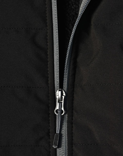 A black quilted body jacket featuring a zippered front and a heather sleeve design, with a logo present.