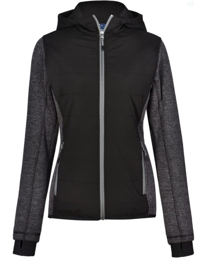 A ladies' black heather sleeve and quilted body jacket with a hood and zippered front pockets.
