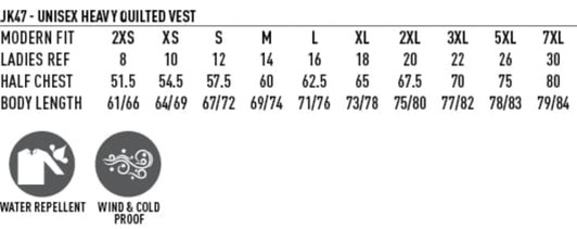 A heavy quilted vest in various sizes, featuring water-repellent and windproof properties. It has branding.