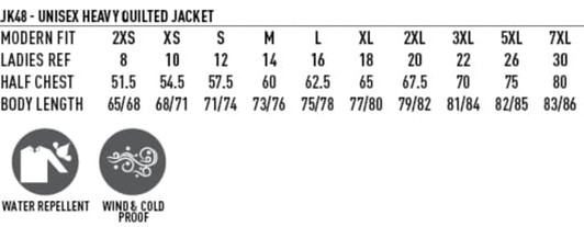 A heavy quilted jacket in various sizes with a water-repellent and windproof design. Features a logo.