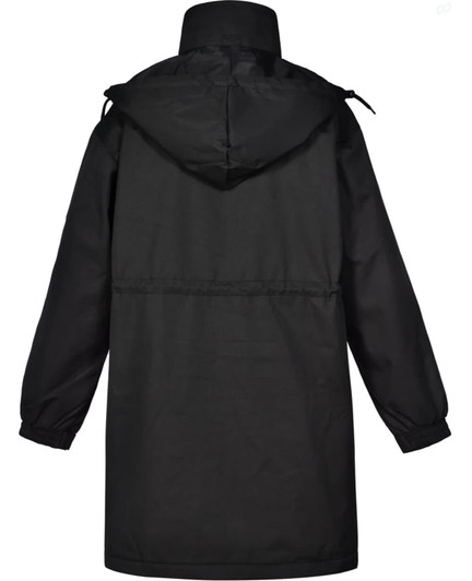 A black long line stadium jacket with a hood and elastic cuffs, featuring a cinched waist and a logo.
