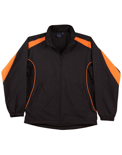 A black track jacket featuring orange accents, with a zip front and elasticated cuffs. It has a logo on the chest.
