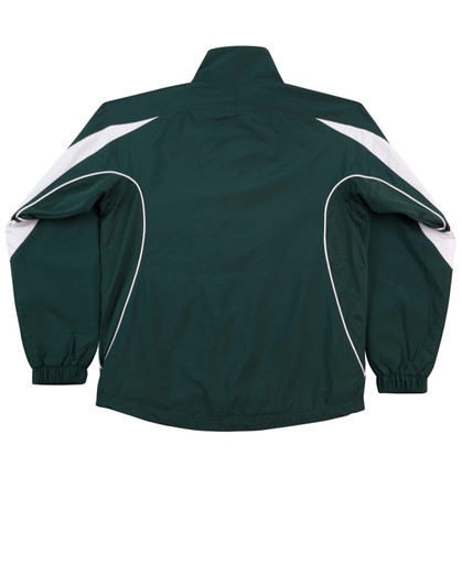 A green track jacket with white detailing and a logo, featuring elastic cuffs and a high collar.