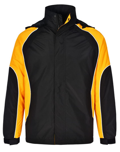 A unisex jacket in black and yellow with a logo, featuring a zip front and high collar.