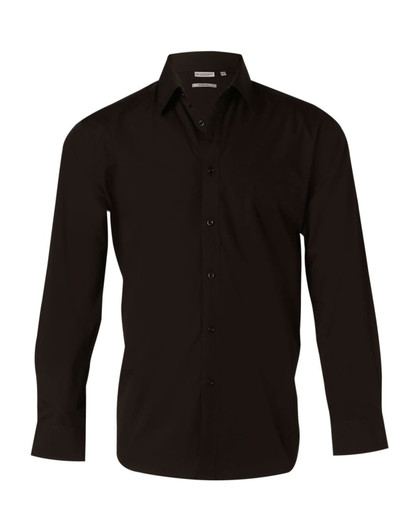A black long sleeve button-up shirt with a chest pocket and a logo tag on the collar.