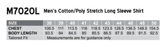 A chart detailing sizes for a men's cotton/poly stretch long sleeve shirt, including chest and body length measurements.