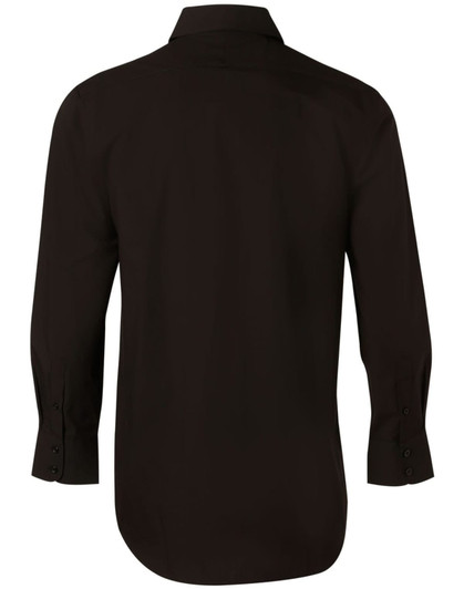 A black men's long-sleeve button-up shirt displayed from the back featuring a collar and buttoned cuffs.