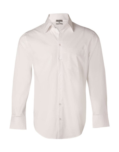 A white long-sleeved button-up shirt with a chest pocket and branding. Made from cotton/poly stretch material.