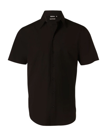 A short-sleeved men's button-up shirt in black with a neat collar and a logo on the chest.