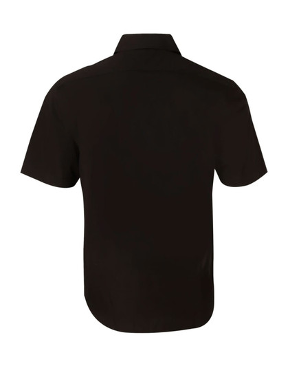 A black short-sleeve button-up shirt with a straight back design and a collar. It features a logo.