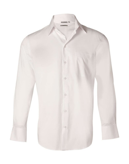 A white long-sleeve button-up shirt with a single pocket and a subtle logo.