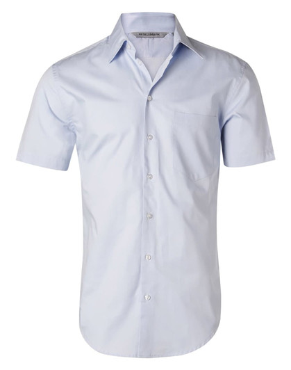 Light blue short-sleeve button-up shirt with a single chest pocket and collar, featuring a logo.