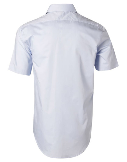 A light blue men's short-sleeve button-up shirt with a back yoke and a subtle logo.