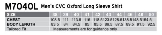 A table displaying size measurements for the Men's CVC Oxford Long Sleeve Shirt, including chest and body length.