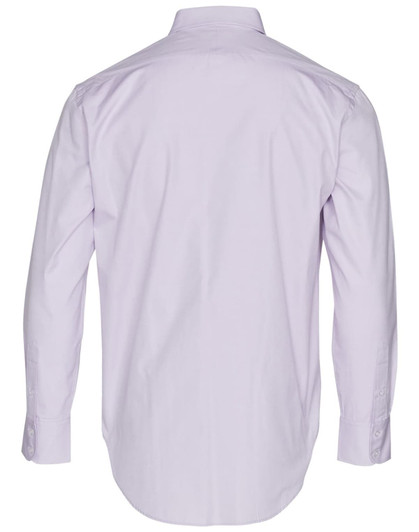 A light purple men's button-up Oxford shirt with long sleeves and a standard collar, featuring a logo on the back.