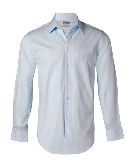 A light blue men's long-sleeve button-up shirt with a self-stripe pattern and a single chest pocket.