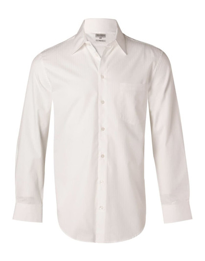 A white long-sleeve button-up shirt featuring a self-stripe pattern and a chest pocket, with a logo.