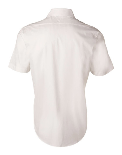 A plain white short-sleeve button-up shirt featuring a self-stripe pattern on the fabric.