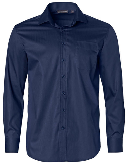 A navy blue long-sleeve button-up shirt with a pocket and a subtle striped pattern. It features a branded label.