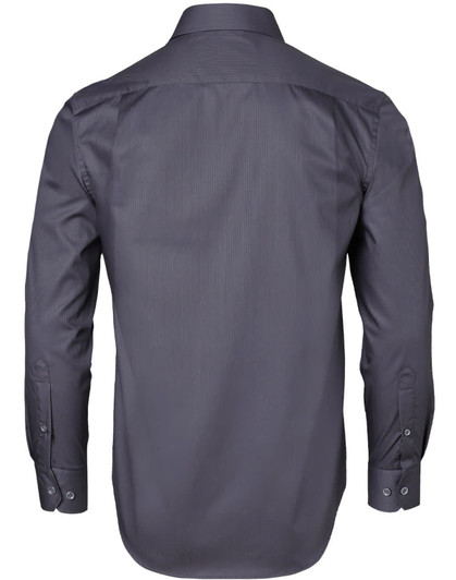 A men's long-sleeve shirt in dark grey with a dobby stripe pattern and button-up cuffs. Features a logo on the back.