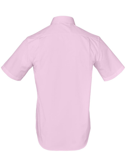 A short-sleeved, button-up shirt in light pink, featuring a smooth back design and a logo.