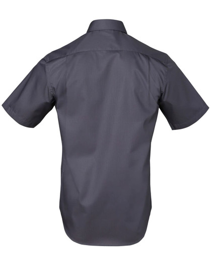 A short-sleeved men's button-up shirt in dark grey with a smooth finish and a logo on the back.