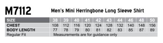 A size chart for the Men's Mini Herringbone Long Sleeve Shirt, detailing chest and body length measurements in centimeters.