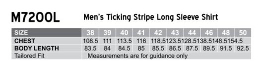 A table displaying size measurements for the Men's Ticking Stripe Long Sleeve Shirt, including chest and body length details.