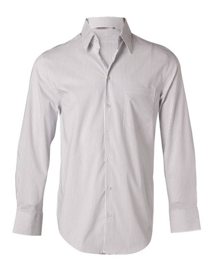 A men's long-sleeve button-up shirt with a ticking stripe pattern in white and light grey. Features a pocket and collar.