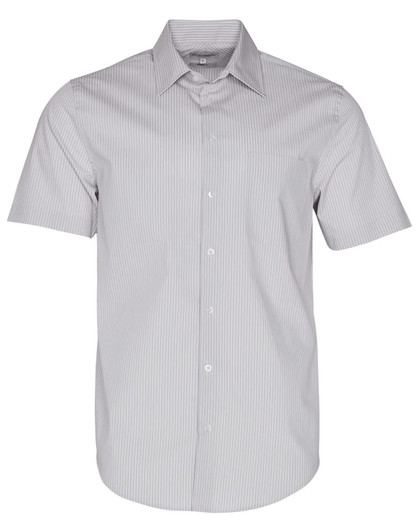 A short-sleeved, button-up shirt featuring a grey and white ticking stripe pattern. It has a logo on the chest.