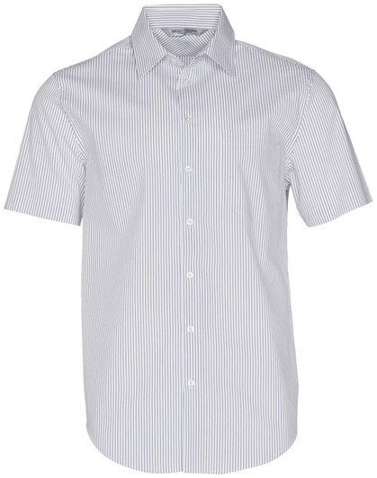 A short-sleeved button-up shirt featuring a blue and white ticking stripe pattern. Includes a small logo on the chest.