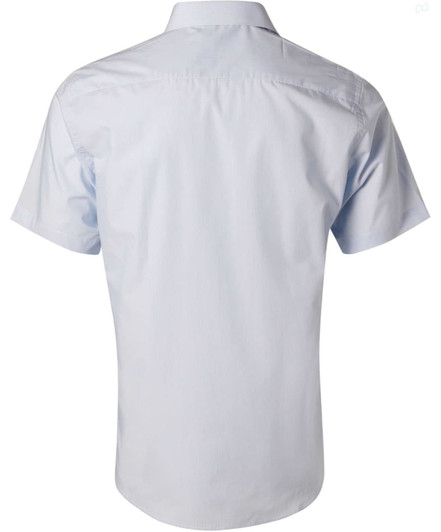 A short-sleeve, button-up shirt with fine stripes, in a light blue colour, featuring a logo on the back.