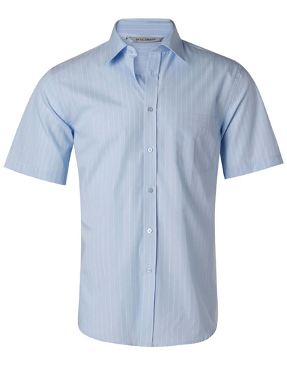 A light blue men's short sleeve button-up shirt with pin stripes and a chest pocket. It features a logo on the label.