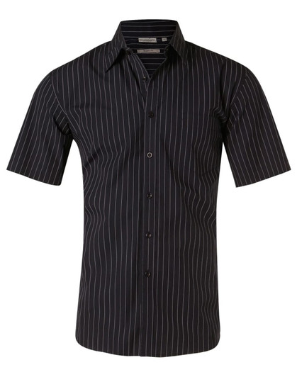 A black short sleeve button-up shirt with white pinstripes and a logo on the chest.