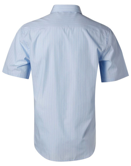 A light blue men's pin stripe short sleeve button-up shirt with a back view, featuring a collar and a logo.