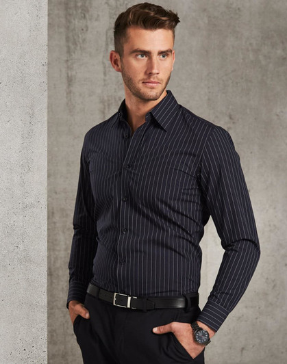 A men's long sleeve button-up shirt in navy with white pin stripes, featuring a logo on the chest.