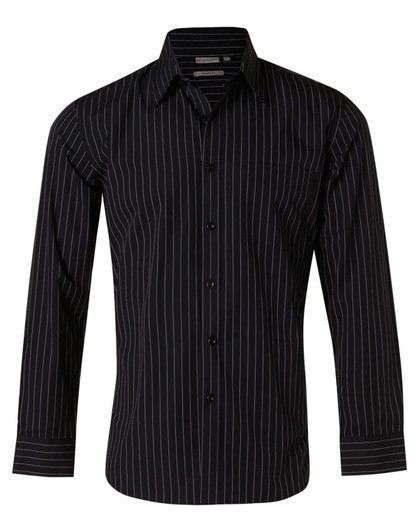 A men's long sleeve button-up shirt in black with white pinstripes, featuring a chest pocket and a logo.
