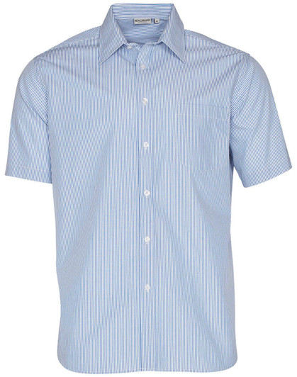 Men's short sleeve button-up shirt in blue and white stripes, featuring a chest pocket and a collar.