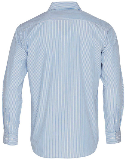 A long sleeve button-up shirt featuring a blue and white stripe pattern, with a collar and cuff buttons.