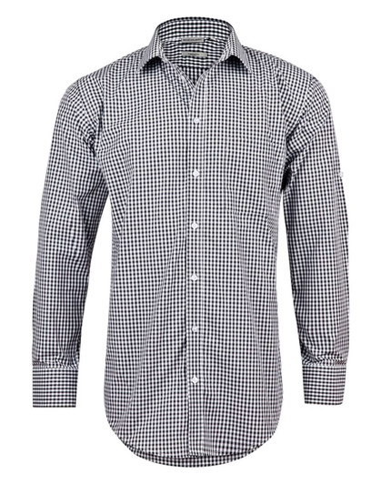 A black and white gingham check long-sleeve button-up shirt with a logo on the sleeve.