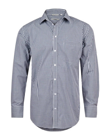A men's long-sleeve button-up shirt in a blue and white gingham check pattern, featuring a collar and cuffed sleeves.