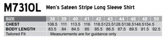 A table displaying size measurements for a men's sateen stripe long sleeve shirt, featuring chest and body length details.