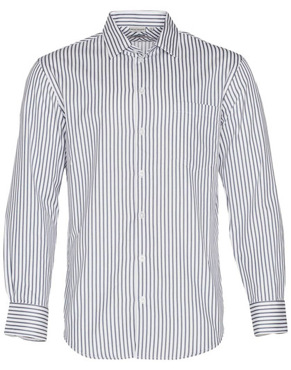 A long-sleeve button-up shirt with a sateen stripe pattern in white and navy blue, featuring a single chest pocket and collar.