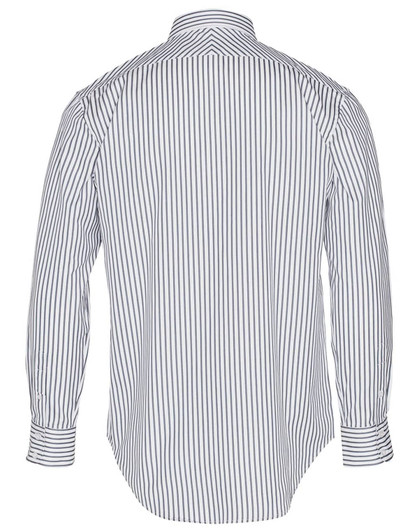 A back view of a men's long sleeve button-up shirt featuring sateen stripes in white and navy. The shirt has a collar and cuffs.