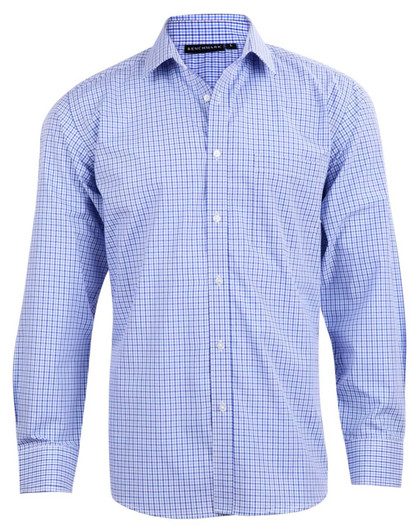 A men's long-sleeve button-up shirt featuring a blue and white check pattern, with a logo on the collar.