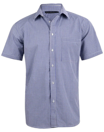A short-sleeved, button-up shirt featuring a blue and white two-tone check pattern, with a pocket on the chest.
