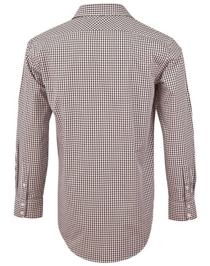 A brown and white gingham check button-up shirt with long roll-up sleeves and a logo.