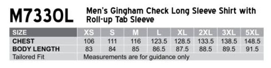 A table displaying sizing information for a Men's Gingham Check Long Sleeve Shirt, including measurements for chest and body length.
