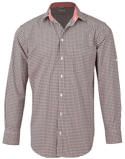 Men's long-sleeve button-up shirt in a black and white gingham check pattern with red detailing on the collar.